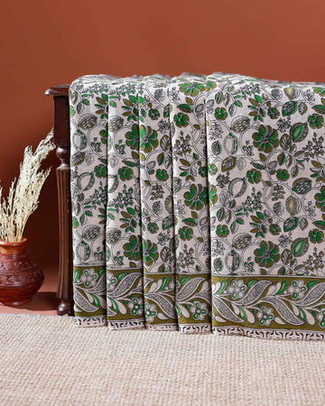 Traditional Handloom Kalamkari Cotton Saree with Intricate Floral and Avian Motifs - Green