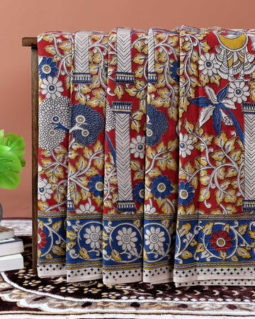 Hand-Painted Kalamkari Cotton Saree with Traditional Floral Motifs - Red