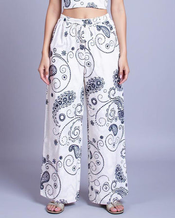 Paisley Print Elastic Waist Palazzo Pant - White