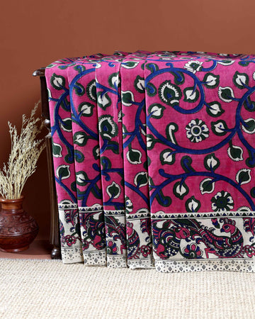 Traditional Handloom Kalamkari Cotton Saree with Intricate Floral and Avian Motifs - Pink
