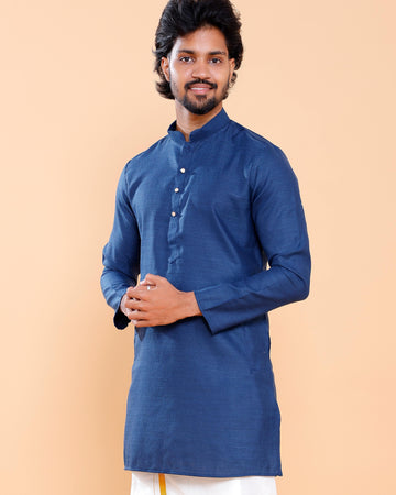 Elegant Men's Solid Mandarin Collar Kurta with Full Sleeves - Blue