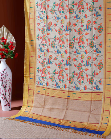 Traditional Kota Cotton Saree with Intricate Floral and Paisley Weaving and Contrast Woven Border - Sandal