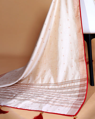 White Art Silk Saree with Golden Zari & Buti Pattern Enhanced with Red Border Without Blouse