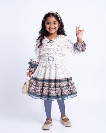 Girls' Tiered Ruffle Western Wear Dress with Embroidered Yoke & Bell Sleeves - Cream