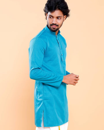 Elegant Men's Solid Mandarin Collar Kurta with Full Sleeves - Turquoise