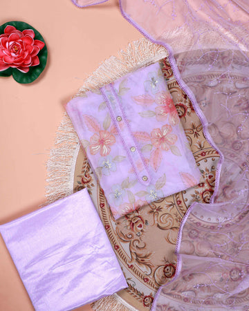 Women's Floral Embroidered Salwar Suit Material with Beaded Neckline and Net Dupatta - Purple