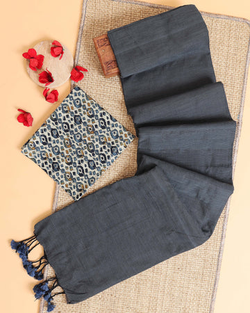 Handwoven Khadi Cotton Saree with Contrast Printed Blouse and Tassel Accents - Grey