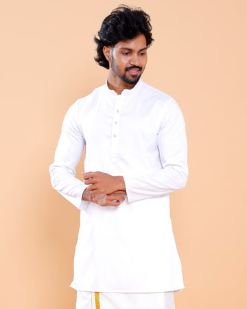 Elegant Men's Solid Straight Fit Kurta with Long Sleeves and Band Collar - White