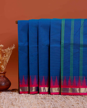 Traditional Chettinad Cotton Saree with Contrast Temple Border and Intricate Zari Detailing - Blue