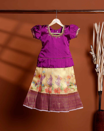 Elegant Kids Readymade Pattu Pavadai with Traditional Peacock Motif Skirt - Purple