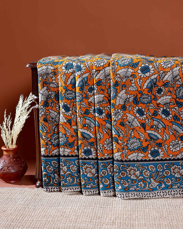 Traditional Handloom Kalamkari Cotton Saree with Intricate Floral and Avian Motifs - Orange