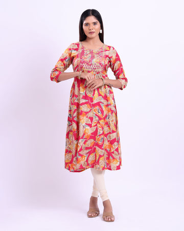 Women's Elegant Embroidered & Printed Flared Kurta - Pink