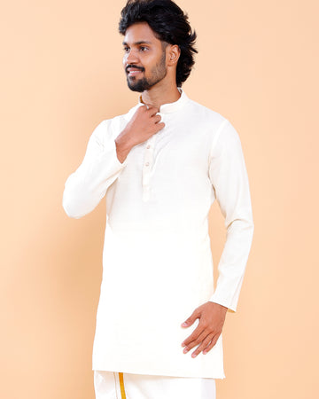 Elegant Men's Solid Mandarin Collar Kurta with Full Sleeves - Cream