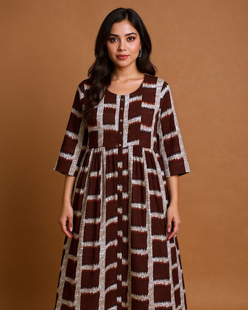 Maternity Wear - Brown Earthy Brown & Beige Block Print Button-Down Feeding Top