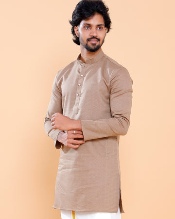Elegant Men's Woven Design Kurta with Mandarin Collar and Full Sleeves - Light Brown