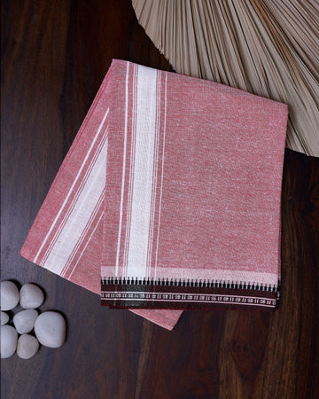 Men's Handloom Cotton Dhoti with Striped Pattern and Black Border - Light Red