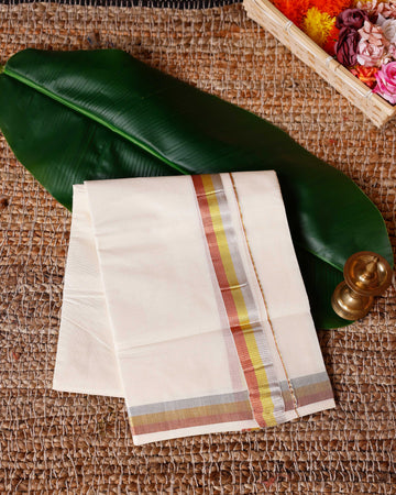 Traditional Handwoven Cotton Dhoti with Multi Color Border and Elegant Finish - Off White