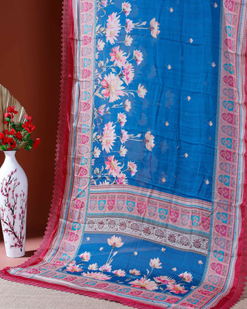 Stylish Georgette Saree with Bold Floral Prints and Traditional Patterned Border - Blue