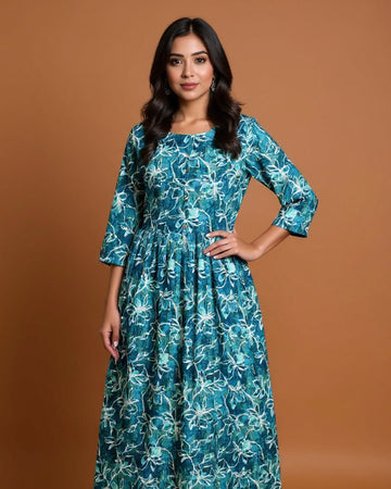 Maternity Wear - Elegant Teal Floral Print Button-Down Women's Feeding Top