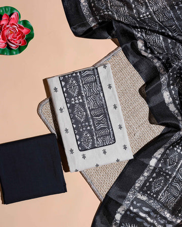 Women's Handblock Printed Cotton Salwar Material with Plain Bottom and Coordinated Dupatta - Cream