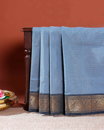 Handloom Chettinad Cotton Saree with Contrasting Zari Border and Traditional Motifs - Light Blue