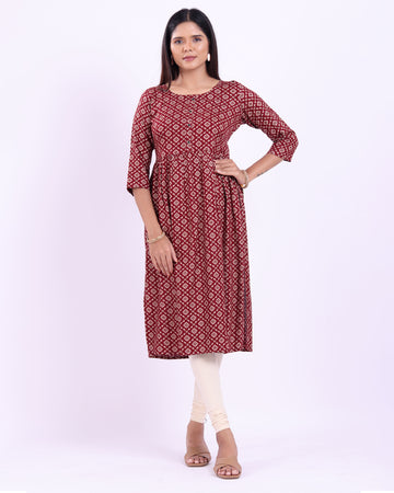 Women's Printed Cotton Blend Straight Kurta - Maroon