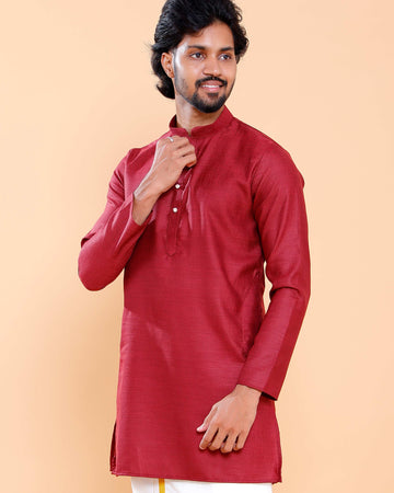 Elegant Men's Solid Mandarin Collar Kurta with Full Sleeves - Red