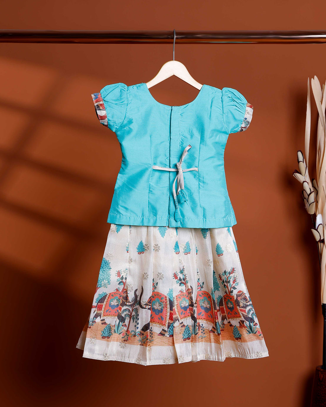 Elegant Traditional Kids Pattu Pavadai with Printed Skirt - Blue