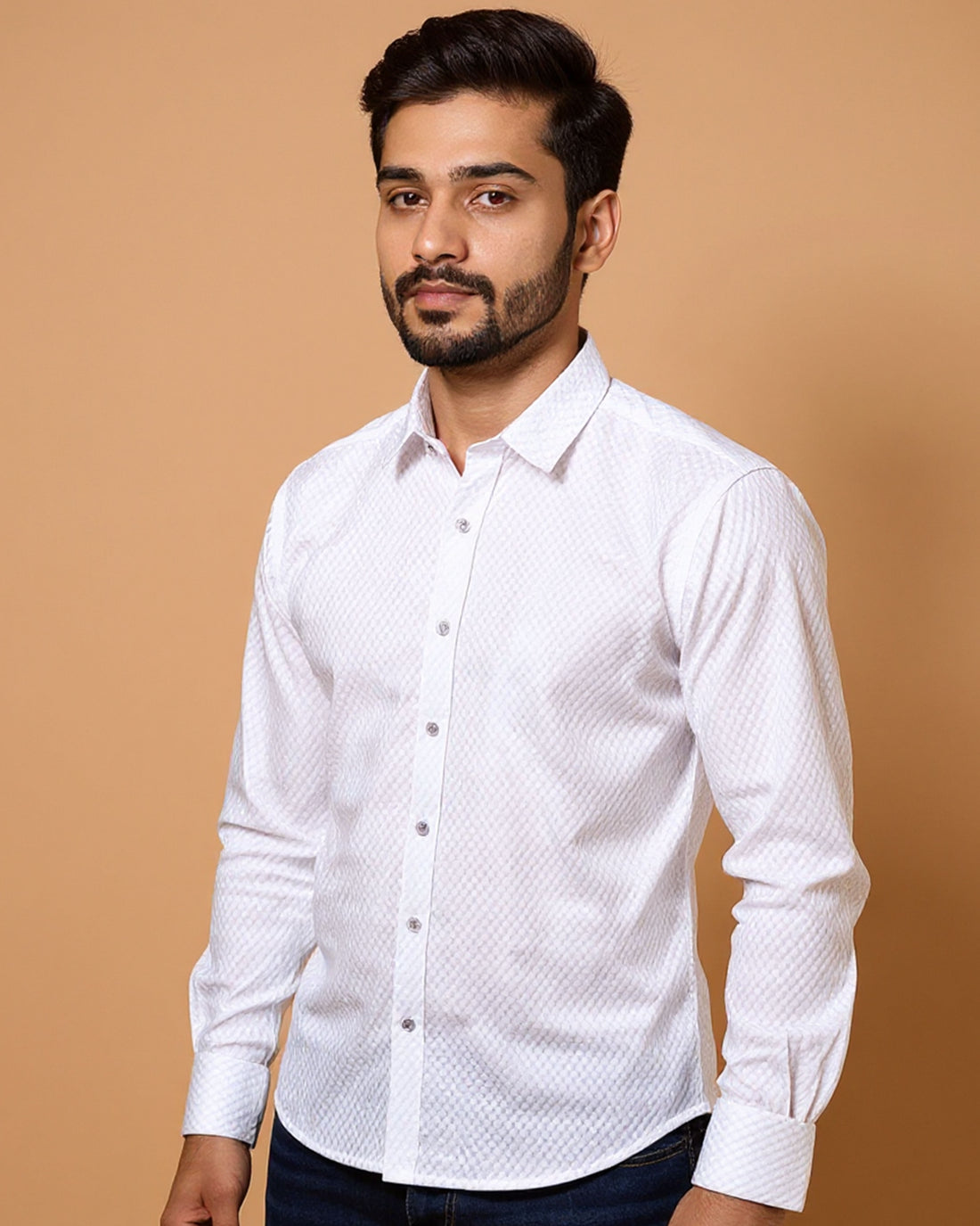 Nativebull Men's Textured Casual Shirt with Full Sleeves and Regular Fit - White