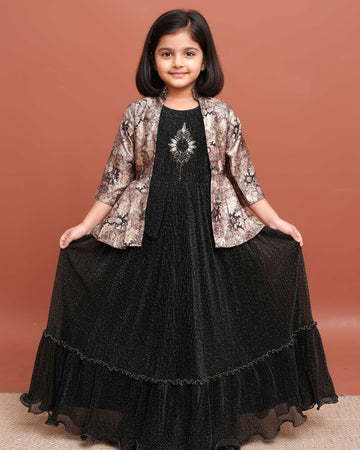 Girls' Elegant Layered Gown with Embroidered Jacket and Ruffled - Multi