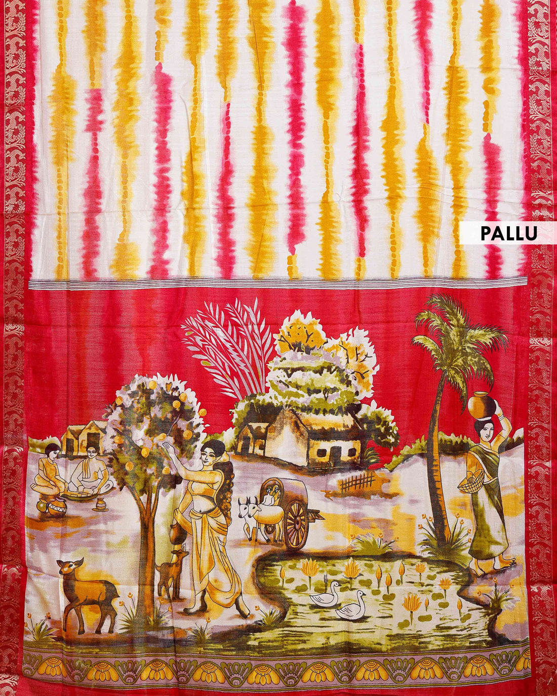 Elegant Red shades and the rural scenic artwork Dola Saree