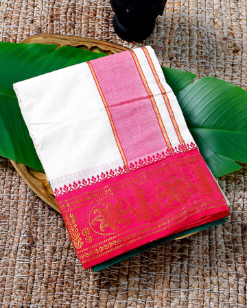 Men’s Cotton Dhoti with Pink Colour Border - White