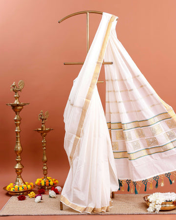 Kerala Kasavu Saree with Traditional Zari Work - White