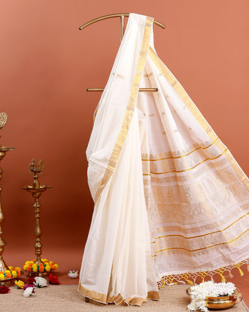 Traditional Kerala Kasavu Saree with Intricate Zari Work - White