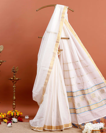Kerala Kasavu Saree with Traditional Zari Work - White