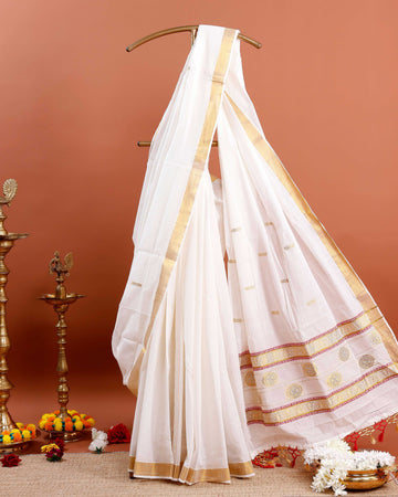 Kerala Kasavu Saree with Traditional Zari Work - White