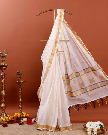 Kerala Kasavu Saree with Traditional Zari Work - White