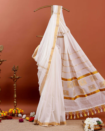 Traditional Kerala Kasavu Saree with Intricate Zari Work - White