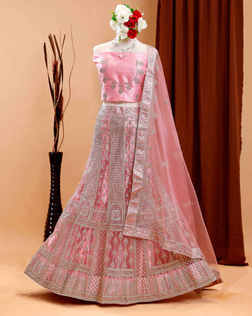 Embroidered Semi-Stitched Bridal Wedding Lehenga Choli with Dupatta - Pink