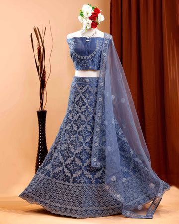 Embroidered Net Lehenga with Dupatta Set - Grey