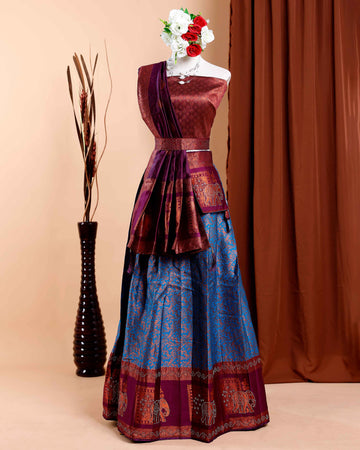 Zari Work Semi - Stitched Lehenga with Intricate Border and Brocade Blouse - Blue