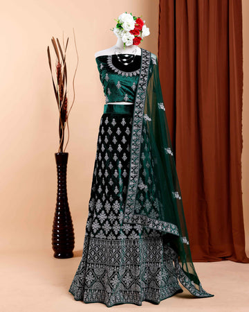 Embroidered Velvet Semi-Stitched Lehenga Choli with Dupatta - Green
