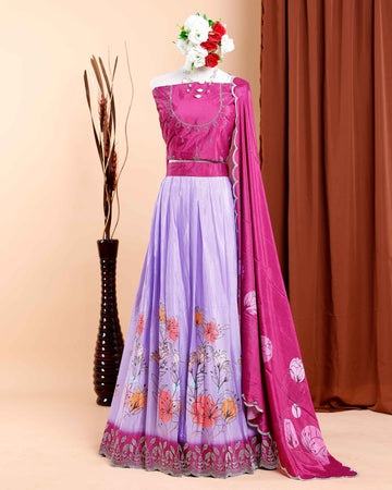 Floral Printed & Embroidered Bridal Semi - Stitched Lehenga with Embellished Dupatta - Lavender