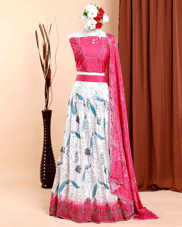 Embroidered Bridal Wedding Lehenga with Peacock Print Skirt and Adorned Blouse - Pink