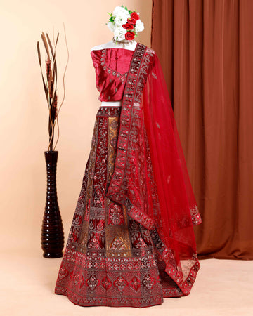 Embroidered Velvet Lehenga with Detailed Zari and Sequin Work - Maroon