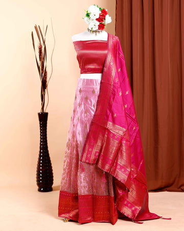 Designer Banarasi Silk Semi - Stitched Lehenga Set with Zari Embellishments - Pink