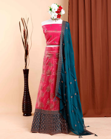 Traditional Semi - Stitched Lehenga Choli Set with Heavy Embellishments & Draped Dupatta - Pink