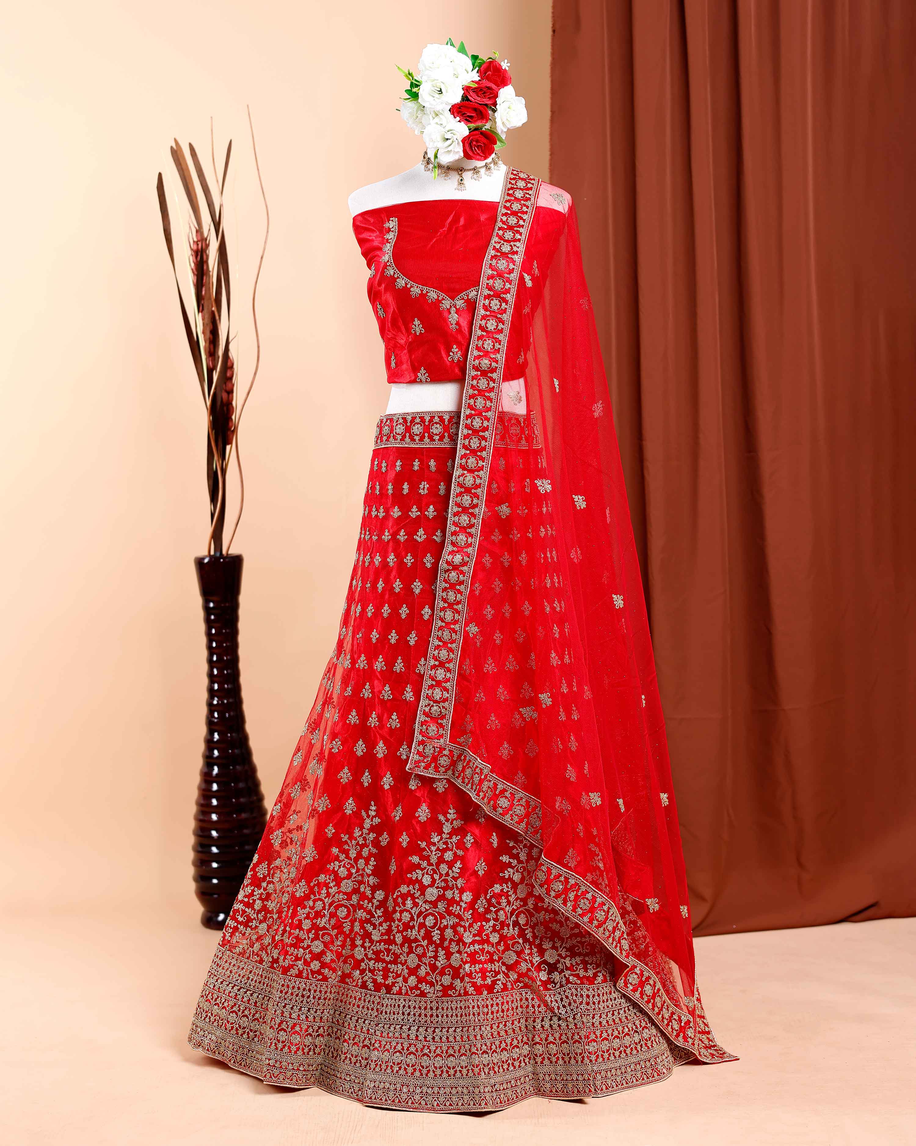 Buy Red Colour Embroidered Semi - Stitched Bridal Wedding Lehenga Online -  Jeyachandran