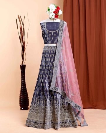 Banarasi Silk Lehenga Material with Rich Zari Weaving Embroidered Unstitched Blouse Piece and Contrasting Net Dupatta Fabric - Grey