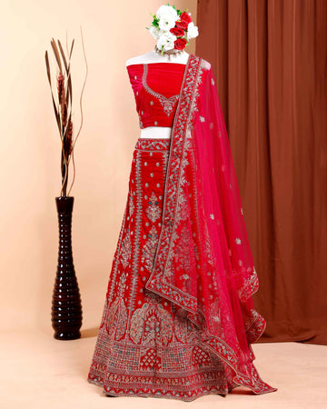 Embroidered Semi-Stitched Bridal Wedding Lehenga with Intricate Embellishments - Red